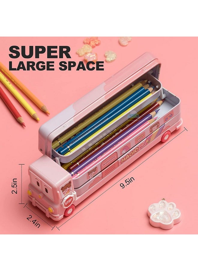 FunBlast Pencil Box For Kids Bus With Moving Tyres & Sharpener For Kids Truck, Unicorn Pencil Box For Girls, Geometry Box For Kids & Girls (Pink Magic Bus, Metal)