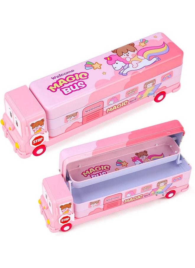 FunBlast Pencil Box For Kids Bus With Moving Tyres & Sharpener For Kids Truck, Unicorn Pencil Box For Girls, Geometry Box For Kids & Girls (Pink Magic Bus, Metal)
