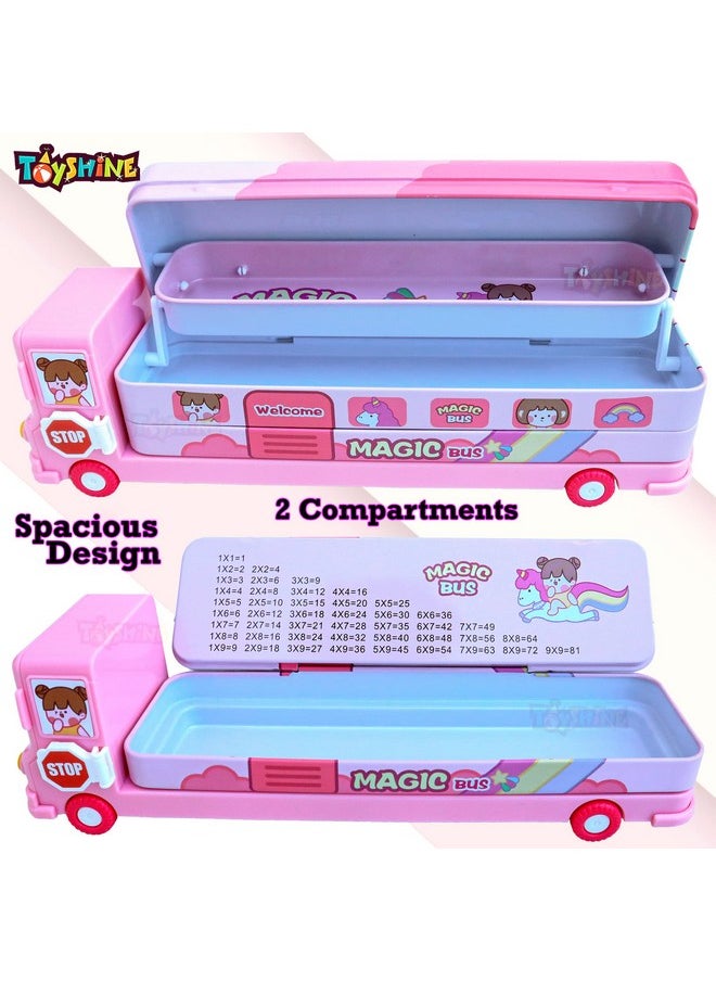 Toyshine Metal Unicorn Magic Bus Printed School Bus Matal Pencil Box With Moving Tyres And Sharpner For Kids- Pink