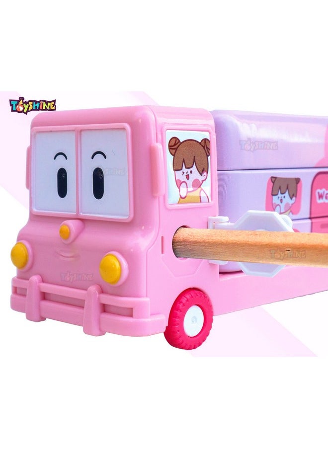 Toyshine Metal Unicorn Magic Bus Printed School Bus Matal Pencil Box With Moving Tyres And Sharpner For Kids- Pink