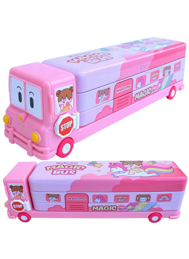 Toyshine Metal Unicorn Magic Bus Printed School Bus Matal Pencil Box With Moving Tyres And Sharpner For Kids- Pink