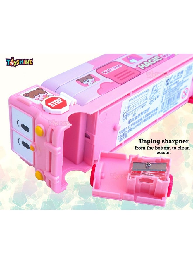 Toyshine Metal Unicorn Magic Bus Printed School Bus Matal Pencil Box With Moving Tyres And Sharpner For Kids- Pink