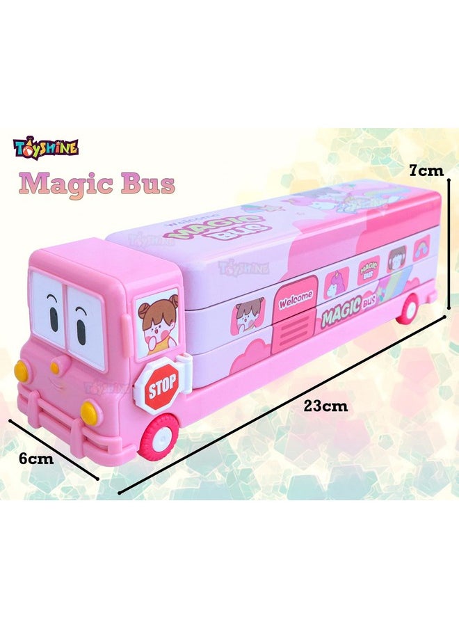 Toyshine Metal Unicorn Magic Bus Printed School Bus Matal Pencil Box With Moving Tyres And Sharpner For Kids- Pink