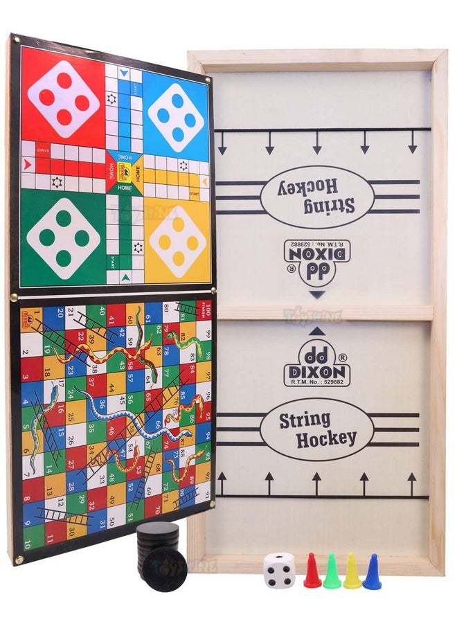 Toyshine Dixon 3 in 1 String Hockey with Ludo and Snakes and Ladder, Fast Sling Puck Game Board String Hockey Toy | Party Game for Adult Parent Kids Children Family Brown