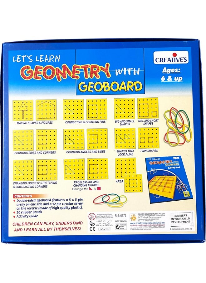 Creative's Let’s Learn Geometry with Geoboard Board Game | Kids Make a Different Shapes | Geometry Board with 20 Rubber Bands & Activity Book for Game 6 & Up Kids