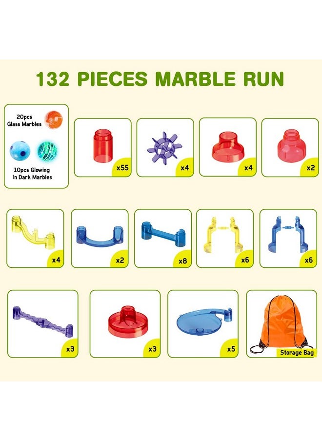 Meland Marble Run - 132Pcs Marble Maze Game Building Toy for Kid, Marble Track Race Set & STEM Learning Toys for Boy Girl Age 3 4 5 6 7 8 9+ (102 Translucent Marbulous Pcs & 30 Glass Marbles)