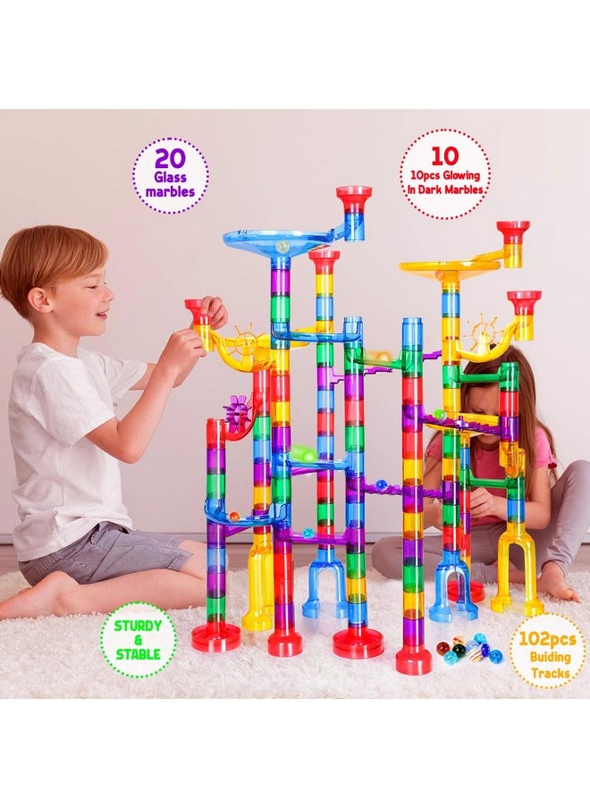 Meland Marble Run - 132Pcs Marble Maze Game Building Toy for Kid, Marble Track Race Set & STEM Learning Toys for Boy Girl Age 3 4 5 6 7 8 9+ (102 Translucent Marbulous Pcs & 30 Glass Marbles)