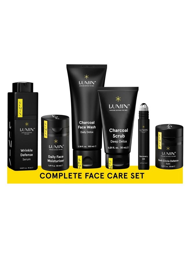 Lumin - Complete Set Men's skincare Routine includes: Charcoal Face Wash, Charcoal Scrub, Face Moisturizer, Wrinkle Serum, Recovery Oil & Dark Circle Defense Balm