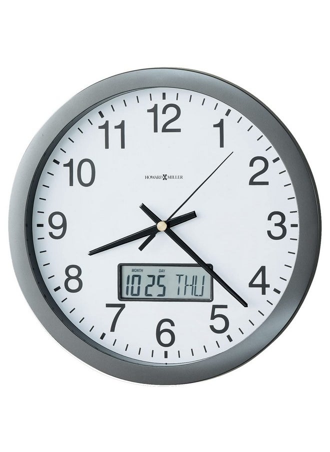 Howard Miller Chronicle Wall Clock 625-195 - Modern Metallic Grey, Flat Bezel Framing, Displays LCD Calendar (Month, Day, Day of Week), Quartz Movement