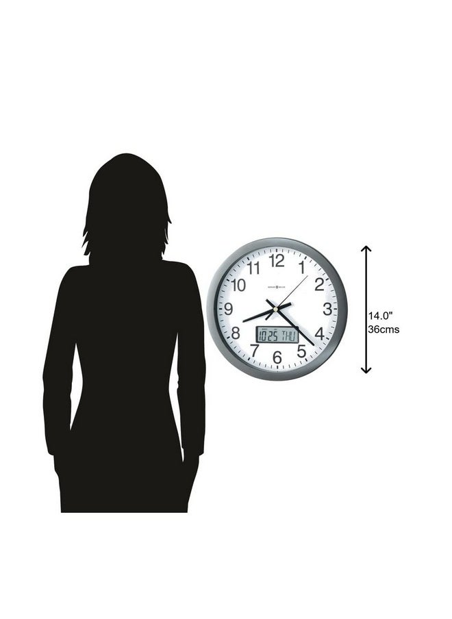 Howard Miller Chronicle Wall Clock 625-195 - Modern Metallic Grey, Flat Bezel Framing, Displays LCD Calendar (Month, Day, Day of Week), Quartz Movement
