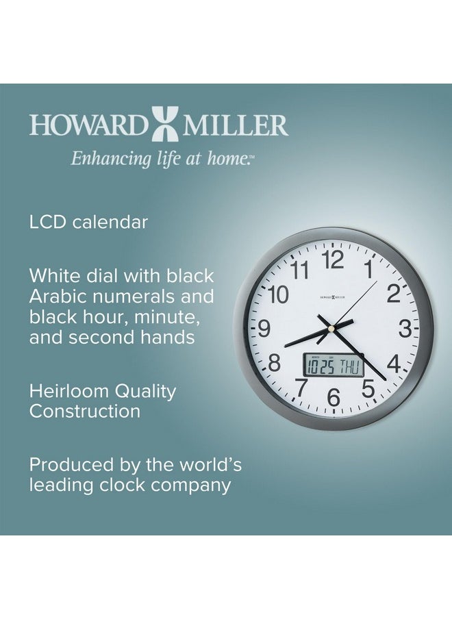 Howard Miller Chronicle Wall Clock 625-195 - Modern Metallic Grey, Flat Bezel Framing, Displays LCD Calendar (Month, Day, Day of Week), Quartz Movement
