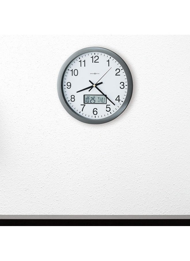 Howard Miller Chronicle Wall Clock 625-195 - Modern Metallic Grey, Flat Bezel Framing, Displays LCD Calendar (Month, Day, Day of Week), Quartz Movement