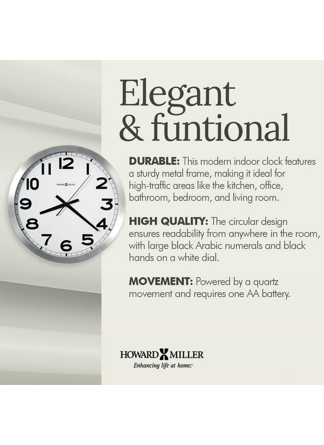 Howard Miller Spokane Wall Clock 625-450 Modern Round Brushed Aluminum, Flat Glass Crystal, Sturdy Metal Frame, Classic Black Accents, Quartz Movement