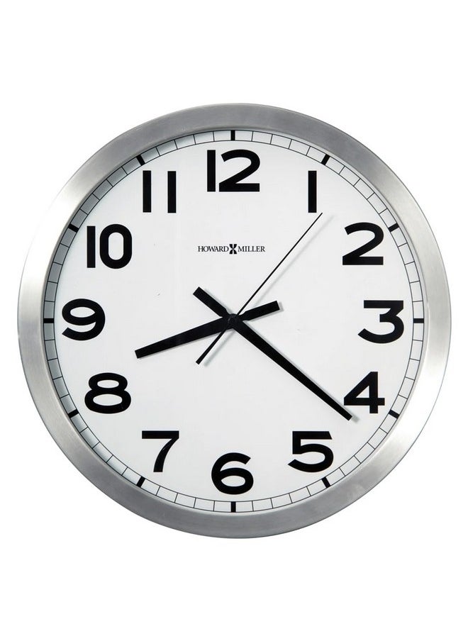 Howard Miller Spokane Wall Clock 625-450 Modern Round Brushed Aluminum, Flat Glass Crystal, Sturdy Metal Frame, Classic Black Accents, Quartz Movement