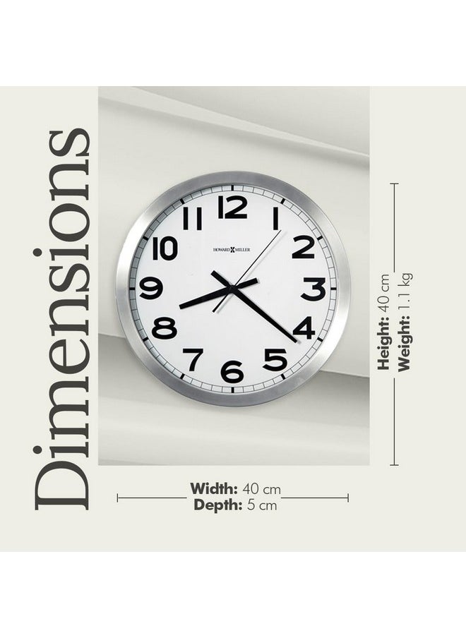Howard Miller Spokane Wall Clock 625-450 Modern Round Brushed Aluminum, Flat Glass Crystal, Sturdy Metal Frame, Classic Black Accents, Quartz Movement