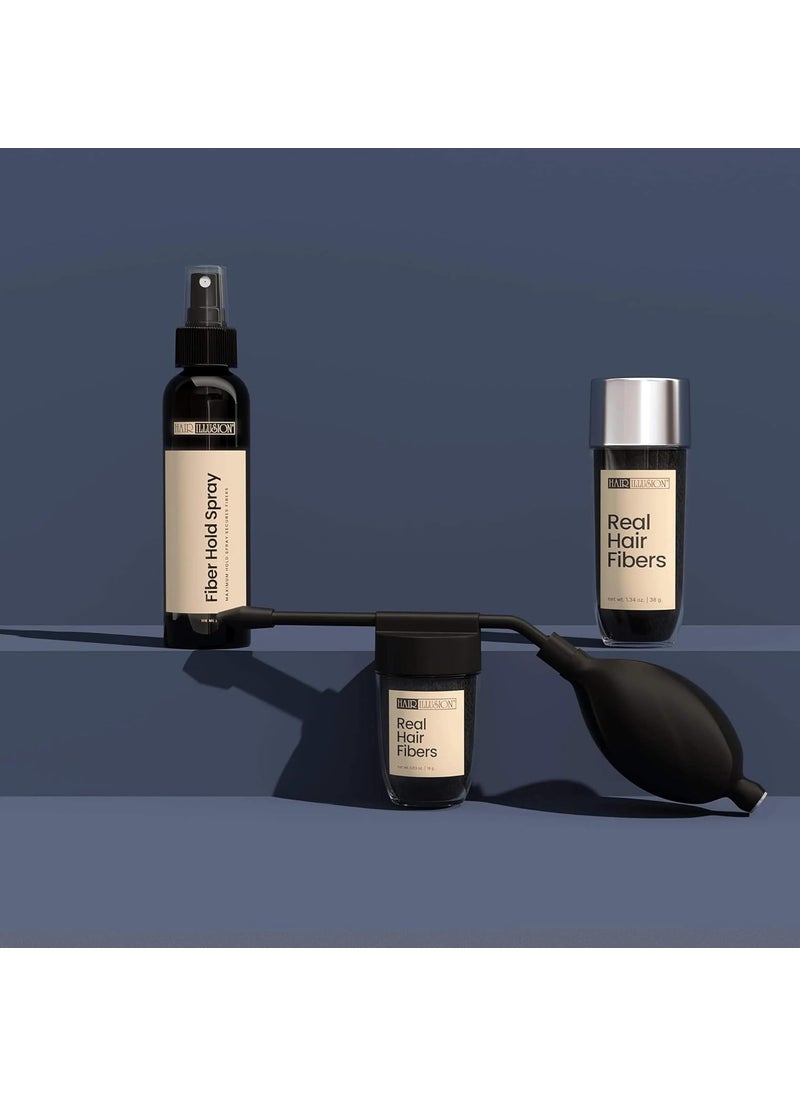 Hair Illusion Combo Kit - Hold Spray, 38g Hair Fiber Bottle, Applicator & Hairline Optimizer (Black)