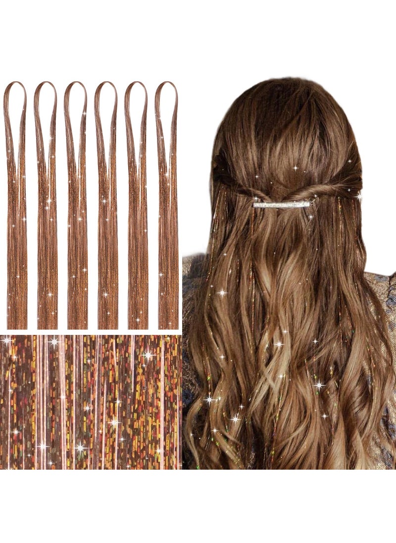 WENNALIFE Hair Tinsel for Girls, Golden Brown Fairy Hair Tinsel Kit 1200 Strands 6PCS 48 Inch Heat Resistant Glitter Tinsel Hair Extensions Kit Christmas Hair Feathers Tinsel for Hair Sparkle Strands