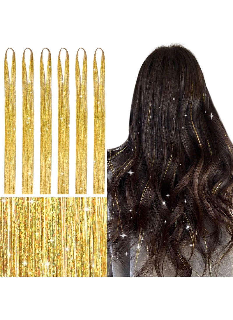 WENNALIFE Hair Tinsel for Girls, Champagne Fairy Hair Tinsel Kit 1200 Strands 6PCS 48 Inch Heat Resistant Glitter Tinsel Hair Extensions Kit Christmas Hair Feathers Tinsel for Hair Sparkle Strands