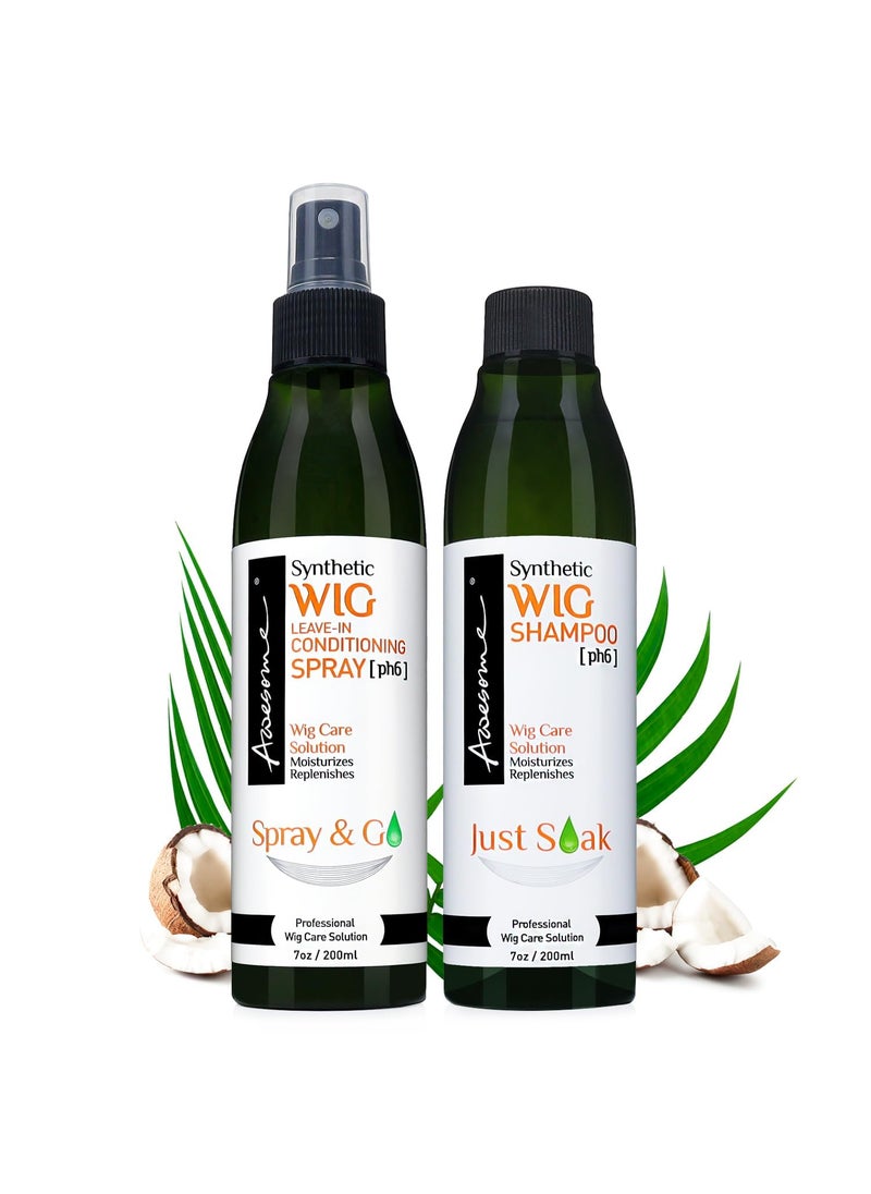 Awesome Synthetic Wig Shampoo and Leave in Conditioner Spray: pH6, Premium Set of 2, Revitalizes Synthetic Wigs, Contains Coconut Oil (7 fl oz)