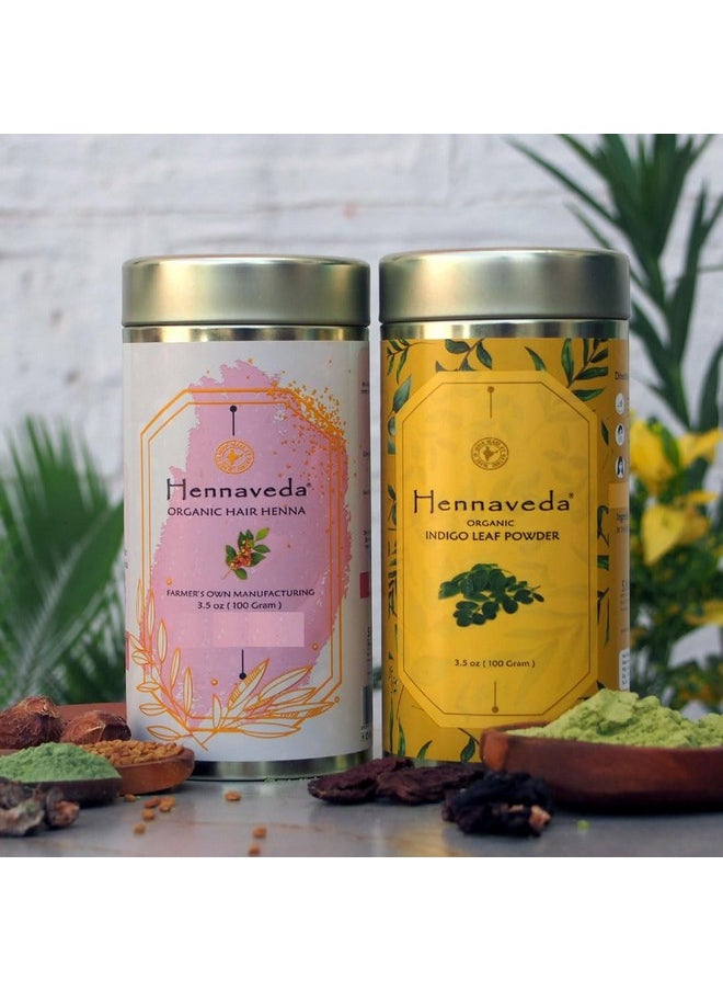 Hennaveda Hair Henna Powder & Indigo Powder, Hair Color Combo with Hair Dye Brush, Gloves and Shower Cap 200g, Henna with Geographical Indication (GI) tag 