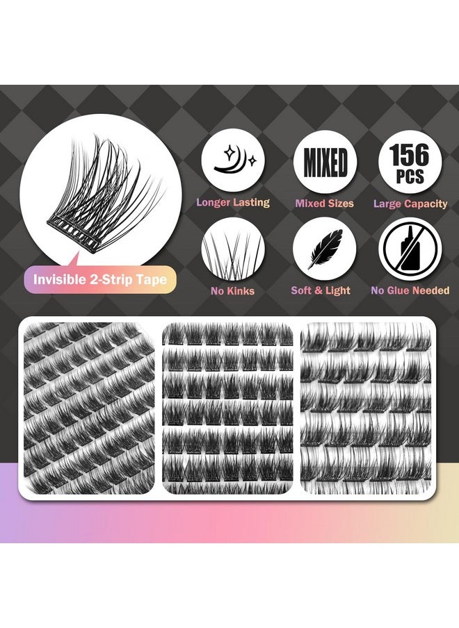 WONSIS Self Adhesive Eyelashes, 156 Pcs Self Adhesive Eyelash Clusters, No Glue Needed, Invisible 2-Strip Tape - Longer Lasting, No Sticky Residue Pre Glued Eyelashes (Volume-Mixed)