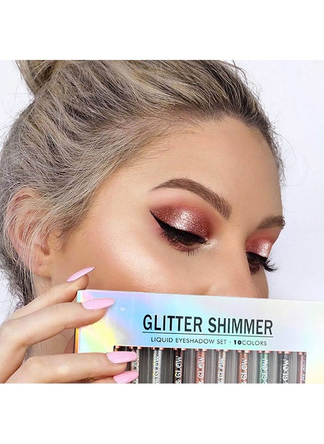 BestLand 10 Colors Liquid Glitter Eyeshadow Set, Metallic Glitter Shimmer Naked Smokey Eye Looks Waterproof Long Lasting Quick-Drying Sparkling Eye Shadow Christmas Makeup Kits