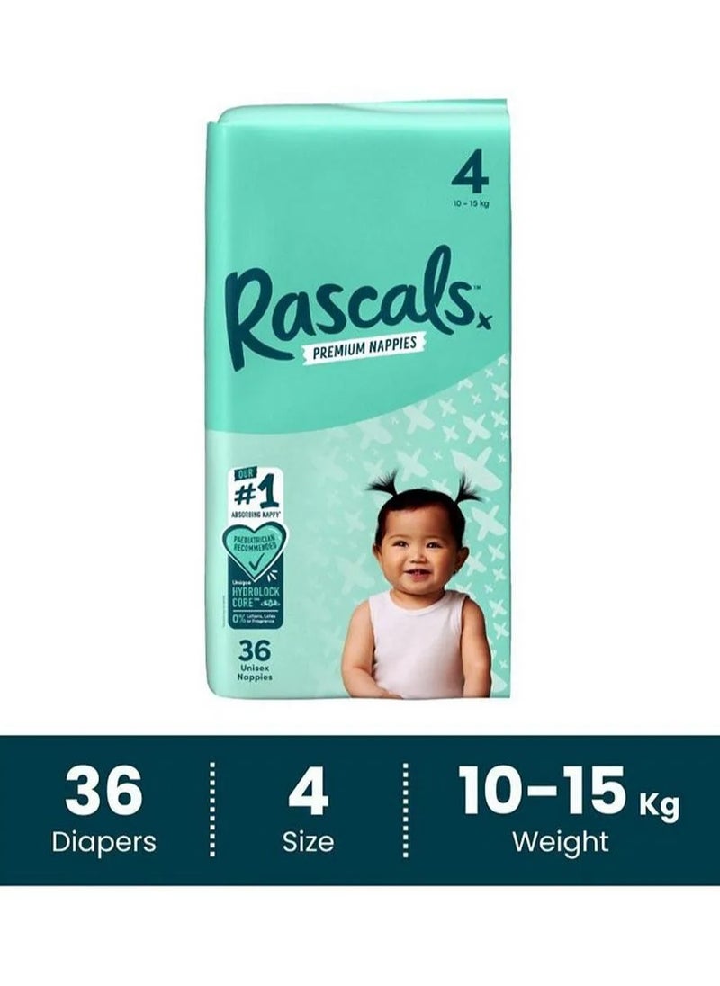 Rascals Tape Style Premium Diaper Nappies, With Fastest Absorption By Hydrolock Core With Triple Leak Guard And Wetness Indicator, Size 4, Large - 36 Pieces