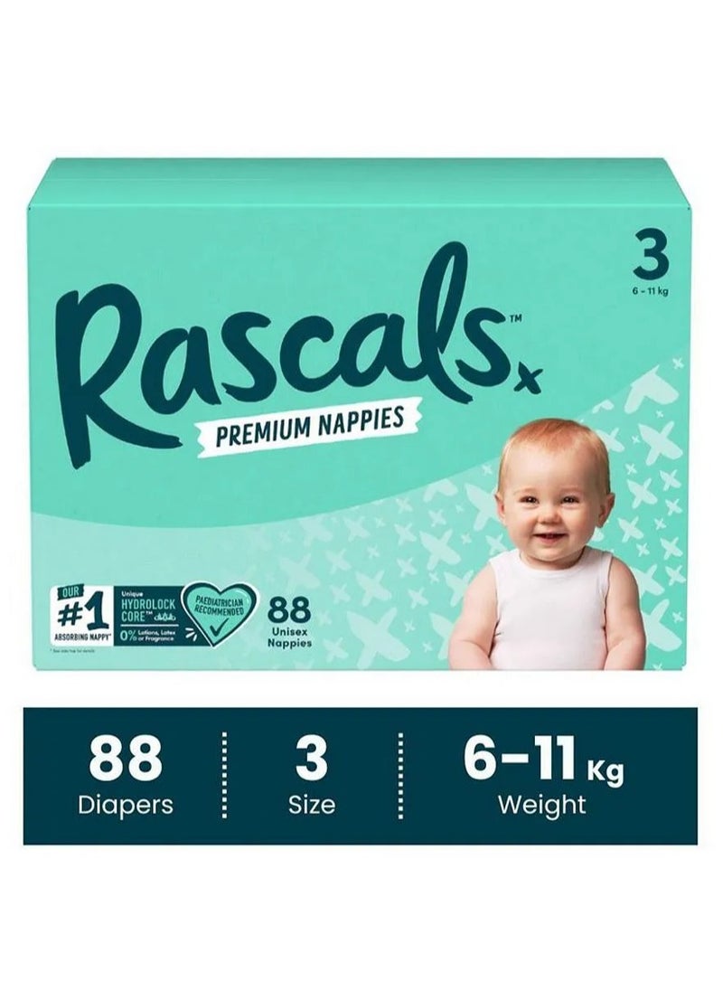 Rascals Tape Style Premium Diaper Nappies, With Fastest Absorption By Hydrolock Core With Triple Leak Guard And Wetness Indicator Jumbo Box, Size 3, Medium - 88 Pieces