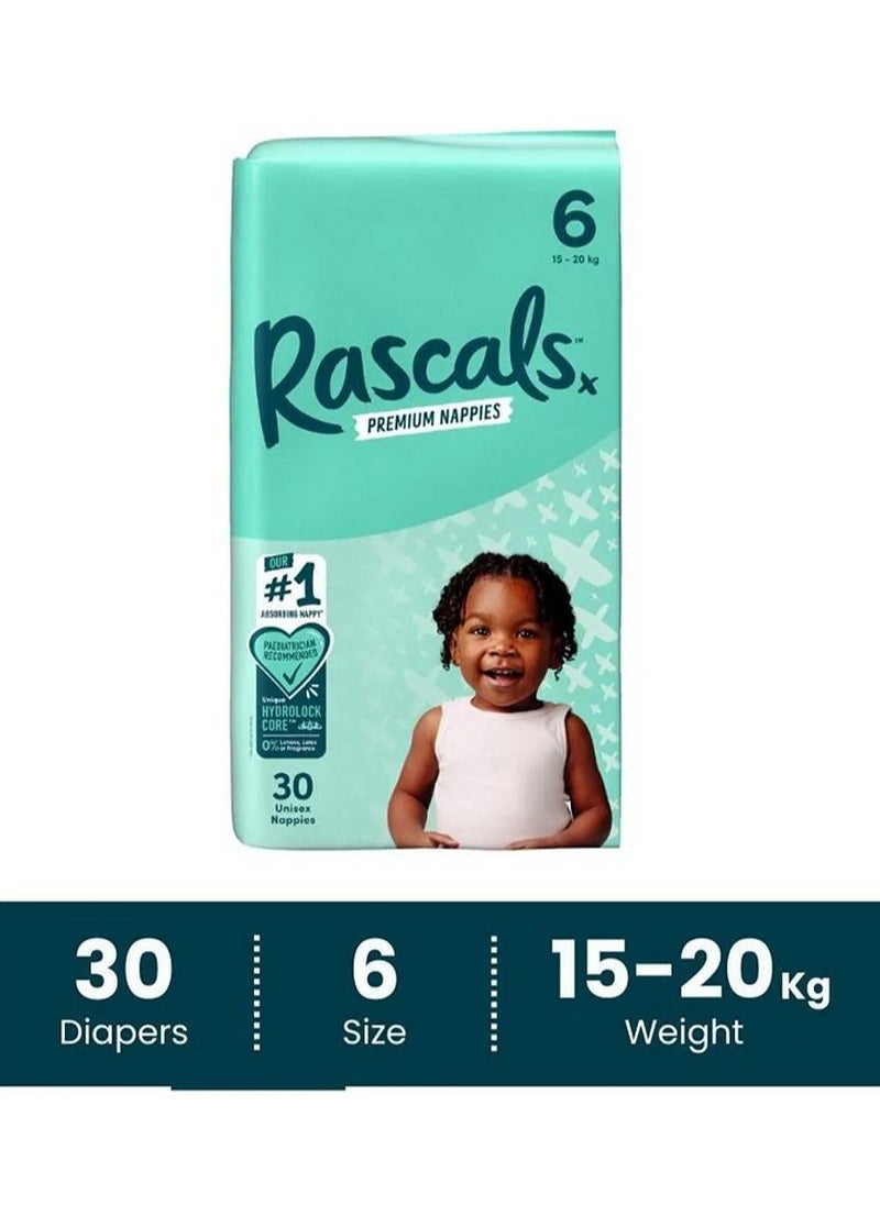 Rascals Tape Style Premium Diaper Nappies, With Fastest Absorption By Hydrolock Core With Triple Leak Guard And Wetness Indicator, Size 6, XXL - 30 Pieces