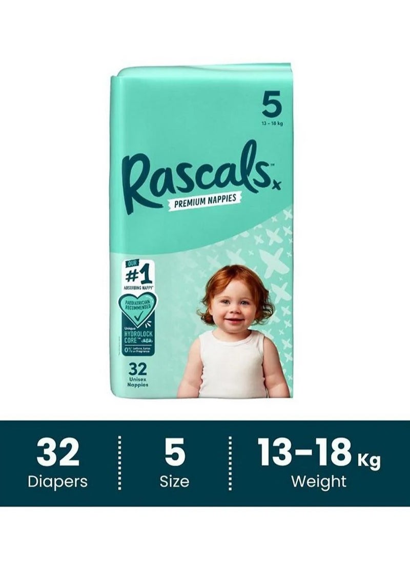 Rascals Tape Style Premium Diaper Nappies, With Fastest Absorption By Hydrolock Core With Triple Leak Guard And Wetness Indicator, Size 5, Extra Large XL - 32 Pieces