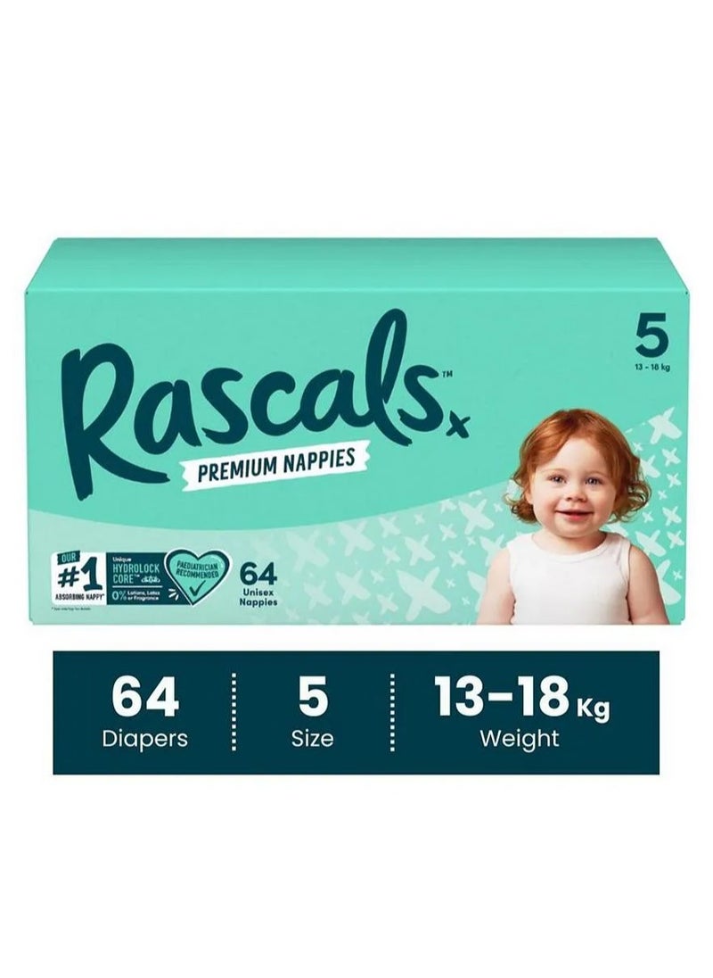 Rascals Tape Style Premium Diaper Nappies, With Fastest Absorption By Hydrolock Core With Triple Leak Guard And Wetness Indicator Jumbo Box, Size 5, Extra Large XL - 64 Pieces