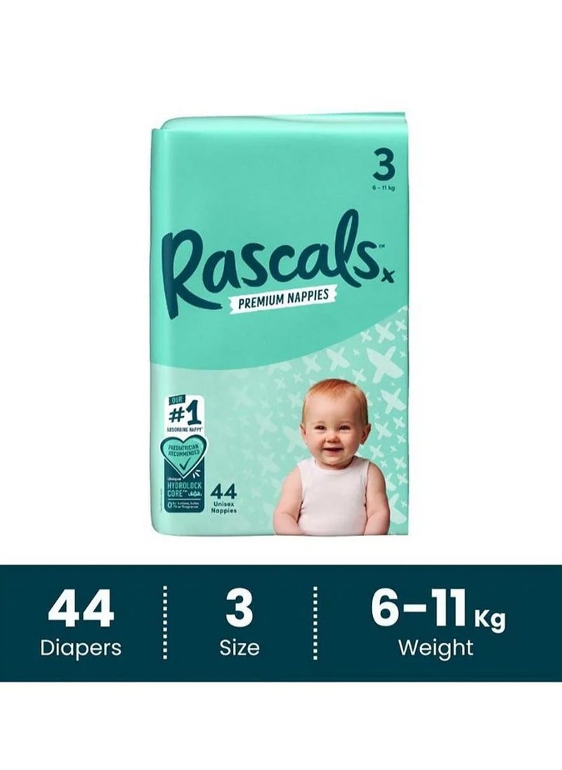 Rascals Tape Style Premium Diaper Nappies, With Fastest Absorption By Hydrolock Core With Triple Leak Guard And Wetness Indicator, Size 3, Medium - 44 Pieces
