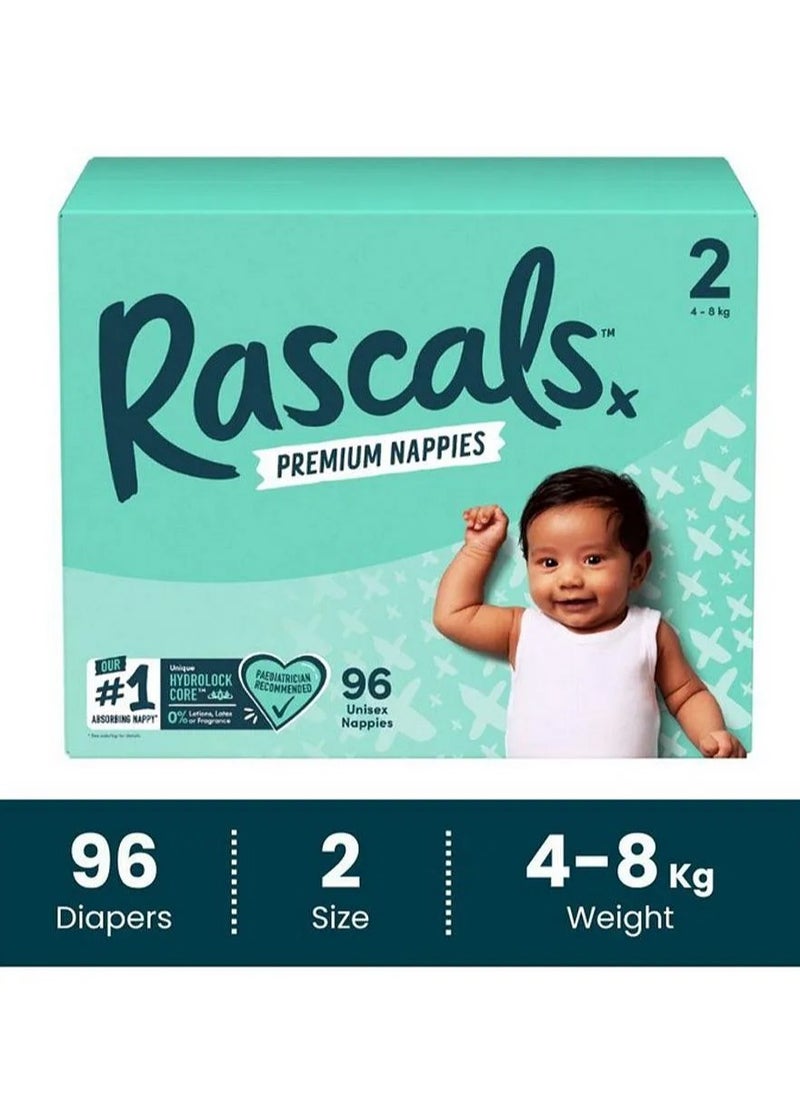 Rascals Tape Style Premium Diaper Nappies, With Fastest Absorption By Hydrolock Core With Triple Leak Guard And Wetness Indicator Jumbo Box, Size 2, Small - 96 Pieces