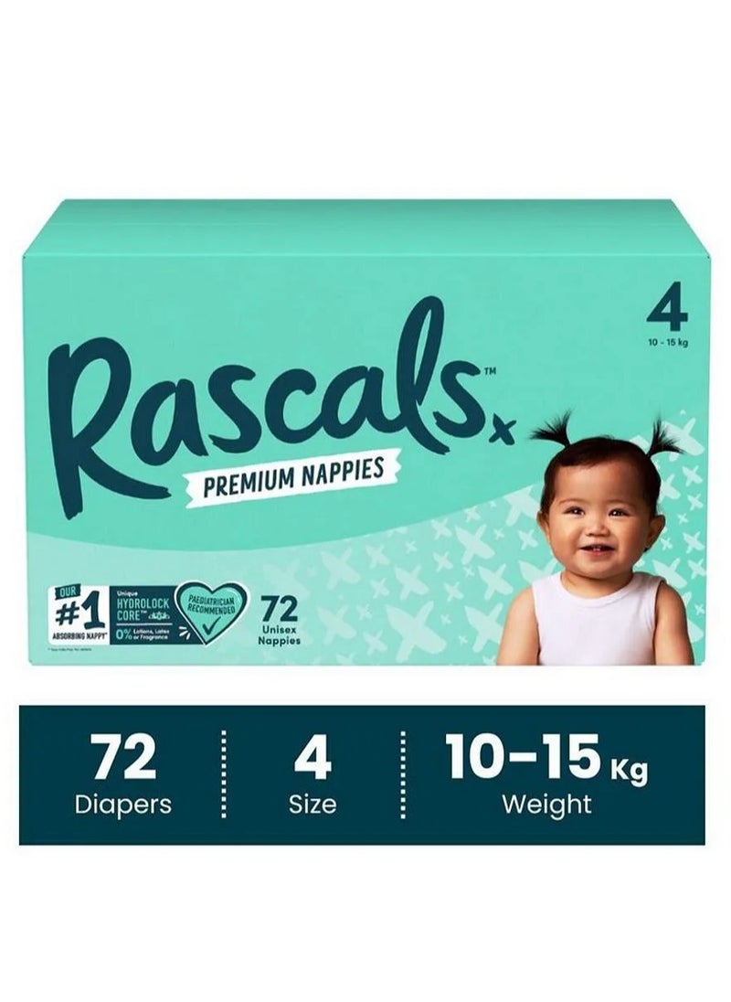Rascals Tape Style Premium Diaper Nappies, With Fastest Absorption By Hydrolock Core With Triple Leak Guard And Wetness Indicator Jumbo Box, Size 4, Large - 72 Pieces