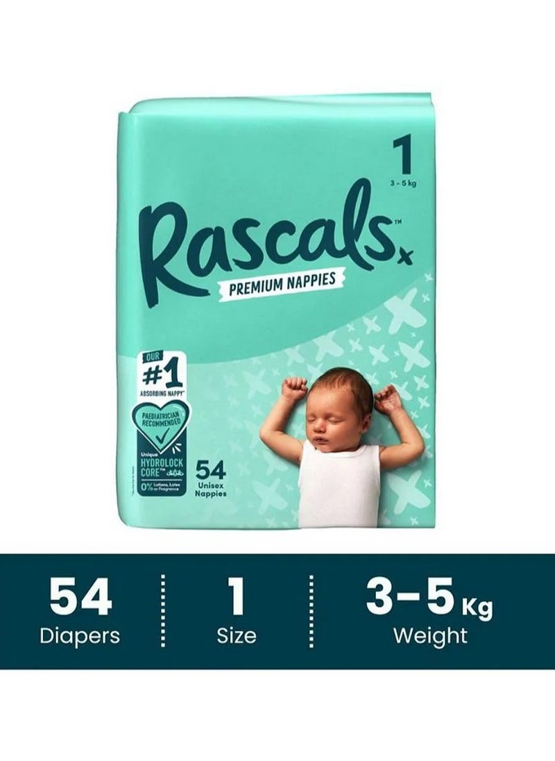 Rascals Tape Style Premium Diaper Nappies, With Fastest Absorption By Hydrolock Core With Triple Leak Guard And Wetness Indicator, Size 1, Newborn - 54 Pieces