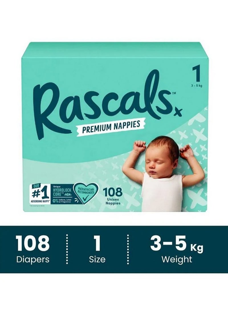 Rascals Tape Style Premium Diaper Nappies, With Fastest Absorption By Hydrolock Core With Triple Leak Guard And Wetness Indicator Jumbo Box, Size 1, Newborn - 108 Pieces