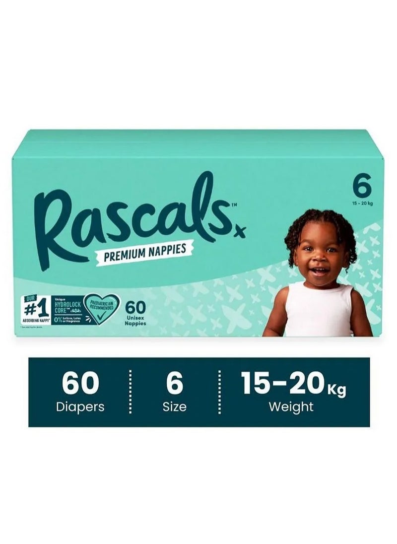 Rascals Tape Style Premium Diaper Nappies, With Fastest Absorption By Hydrolock Core With Triple Leak Guard And Wetness Indicator Jumbo Box, Size 6, XXL - 60 Pieces