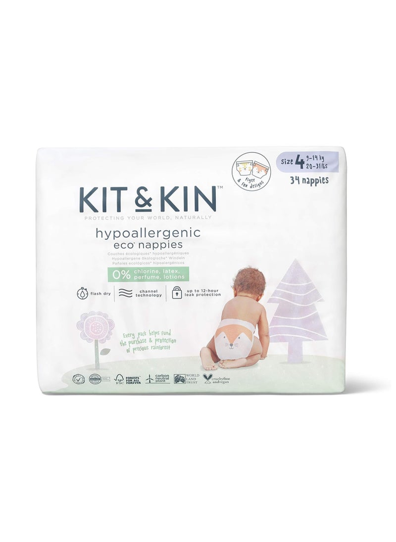 Kit & Kin Eco Friendly Diaper | Super Absorbent Baby Diaper | Hypoallergenic Plant-based 100% Sustainable (Taped Diapers, Size 4 - Count of 32)