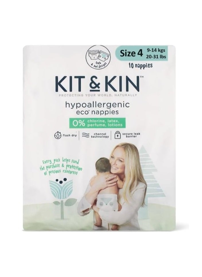 KIT & KIN Eco Friendly Premium UK Baby Diapers Size 4 (9-14kgs) | Pack of 10 Flash Dry Disposable Diapers, Leak Protection Hypoallergenic Diaper Size for Skin Protection Vegan Baby Diapers