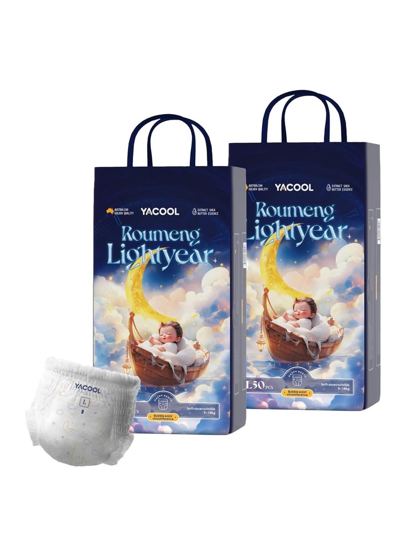 Baby Pull-On Pants 2-Pack (Size L, 9-14kg) | Ultra Absorbent Overnight Diapers with Leak-Proof Design | Hypoallergenic & Breathable for Hot Climates Total 100 Diapers