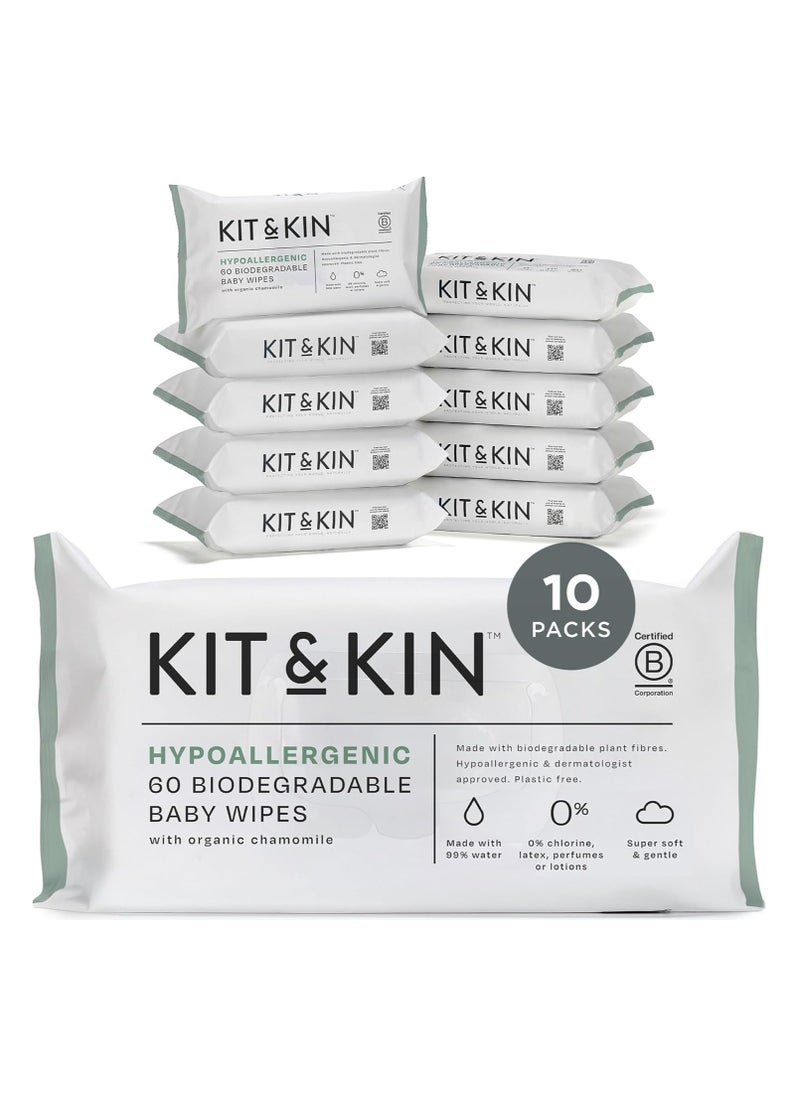 Kit & Kin Biodegradable Baby Wipes | Plastic-Free & 99% Water Wipes | Wet Wipes for Baby 0% Chlorine, Alcohol, Parabens or Perfumes Wet Wipes | 600 Count Pack of 10