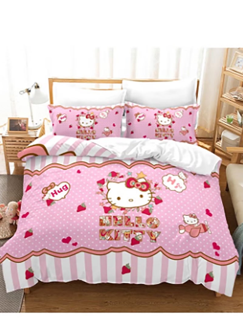 Cartoon Sanrio Hello Kitty pattern bedding three-piece set with soft microfiber polyester sheets including cover and two pillowcases (size 150cmX200cm)