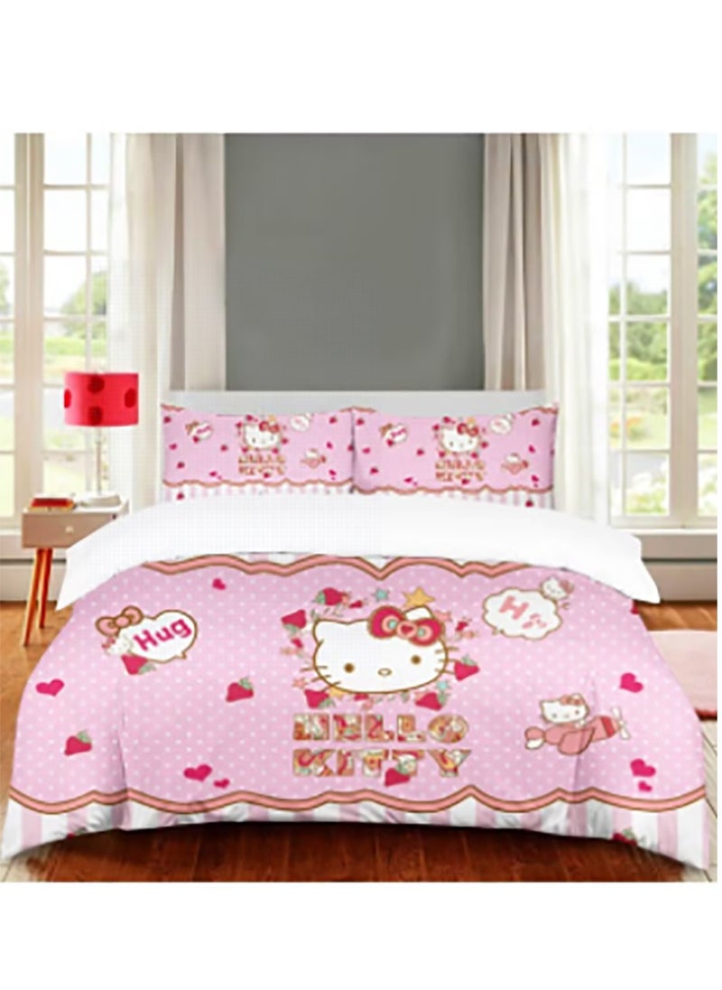 Cartoon Sanrio Hello Kitty pattern bedding three-piece set with soft microfiber polyester sheets including cover and two pillowcases (size 150cmX200cm)