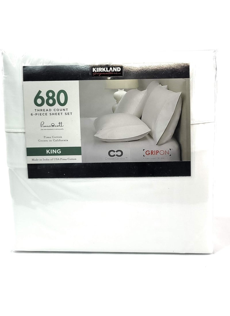 Kirkland Signature 680 Thread Count 6 Piece Sheet Set - 1 Flat Sheet, 1 Fitted Sheet, 4 Pillowcases (White)