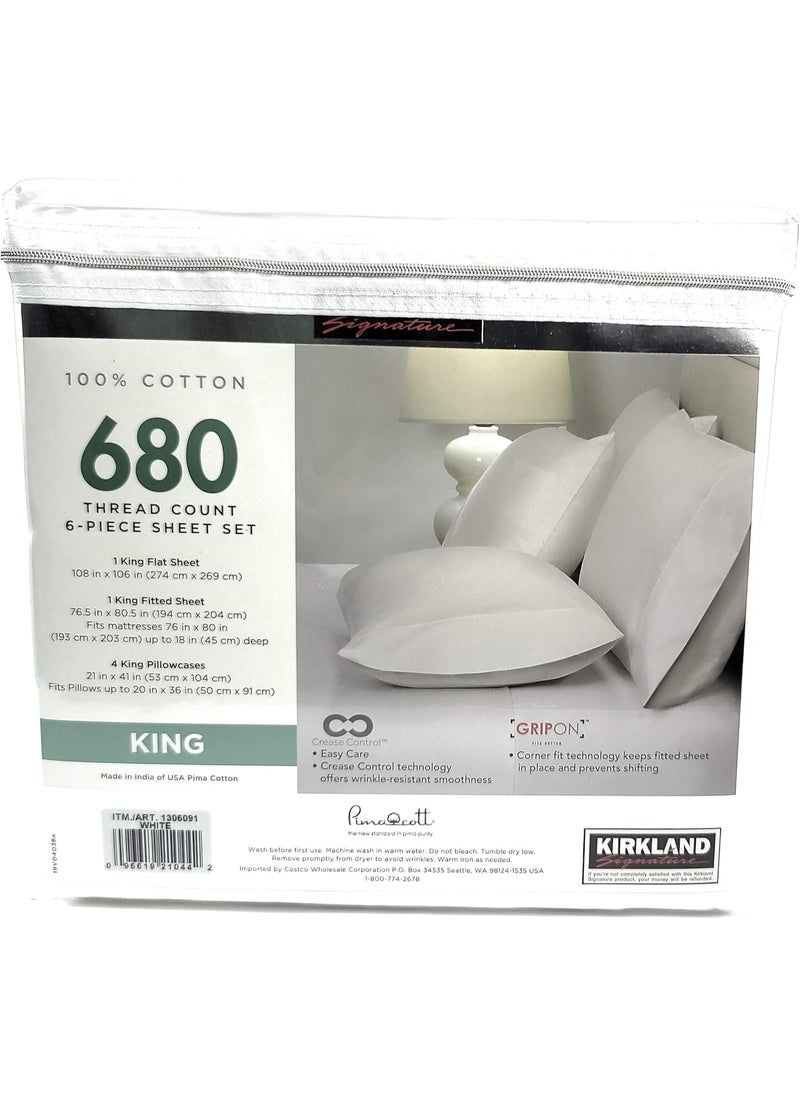 Kirkland Signature 680 Thread Count 6 Piece Sheet Set - 1 Flat Sheet, 1 Fitted Sheet, 4 Pillowcases (White)
