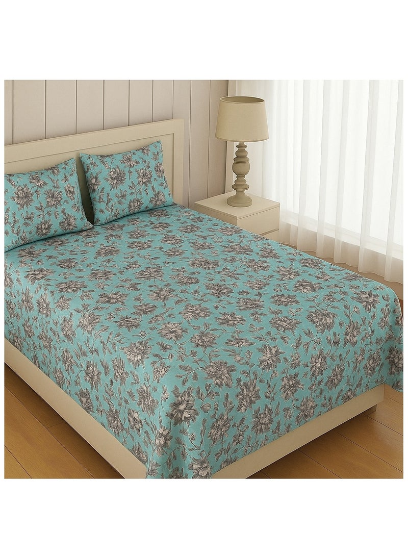 King Size Flat Cotton Bedsheet (250x240 cm) with Two Pillowcases   Blue Floral Print