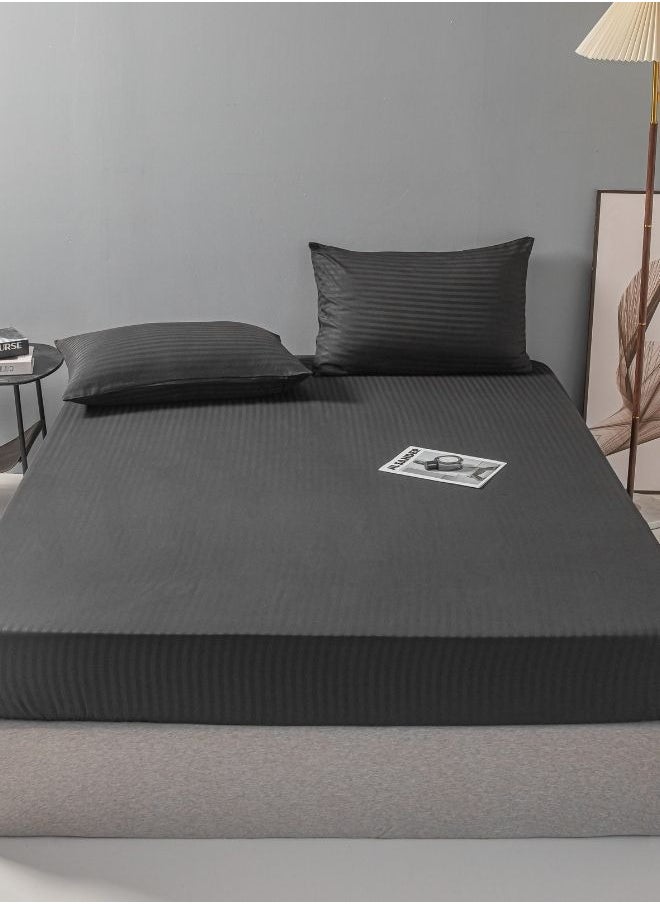 Queen Size 3 Piece Set, Bedsheet with 2 Pillow Cases, Black Color, Satin Striped Design.