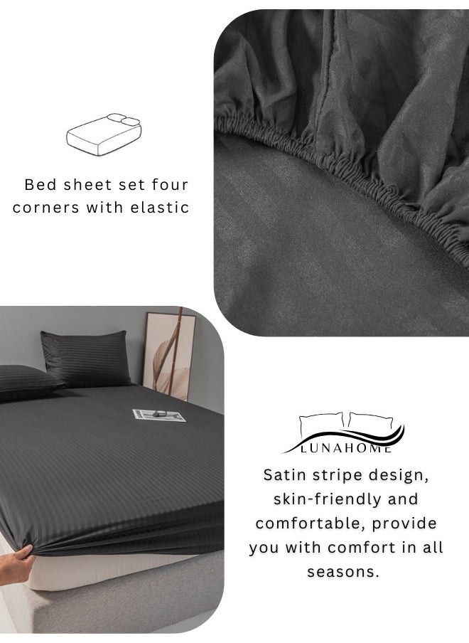 Queen Size 3 Piece Set, Bedsheet with 2 Pillow Cases, Black Color, Satin Striped Design.