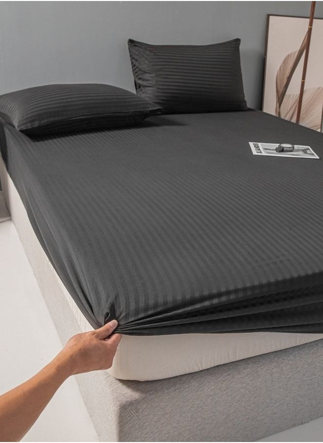 Queen Size 3 Piece Set, Bedsheet with 2 Pillow Cases, Black Color, Satin Striped Design.