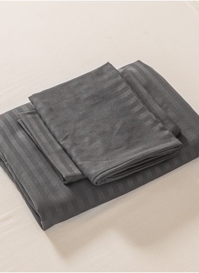 Queen Size 3 Piece Set, Bedsheet with 2 Pillow Cases, Black Color, Satin Striped Design.